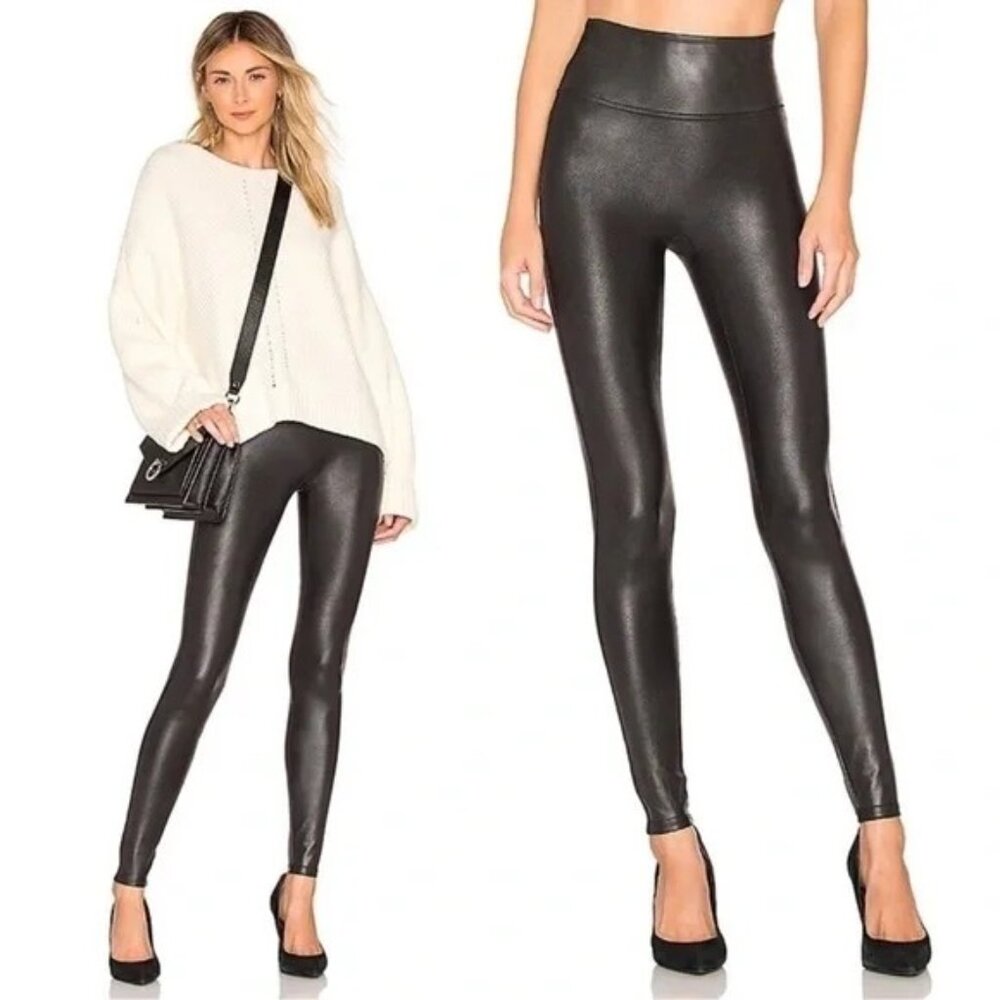 SPANX Faux‎ Leather Tummy Control Leggings in Black Women's Size Large